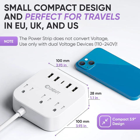All In One International Power Strip With USB C And Four USB Ports EU UK US Plug Adapter shown next to a smartphone for size comparison