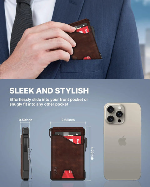 Slim RFID Blocking Leather Tactical Wallet For Men With Pop Up Card Case And Front Pocket Money Clip, ID Window, 8 To 13 Card Capacity, Minimalist Card Holder, Carry Light On The Go, Brown shown in suit pocket next to smartphone for size comparison.