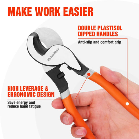 10 Inch Heavy Duty Wire Cutter Handles 4/0 Aluminum And 2/0 Copper Like A Champ Ergonomic One Hand Cable Pliers crafted for comfort grip.