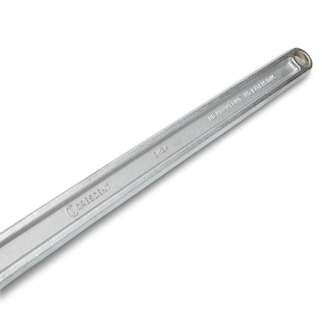 Close-up of 24 Inch Chain Wrench With Dual Action Grip handle, showing brand marking and chrome-plated finish for plumbing use.