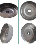 Four views of 325 Pitch 7 Tooth Sprocket Clutch Drum Assembly With Needle Bearing Washer E Clip And Worm Gear Kit, circular metal components.