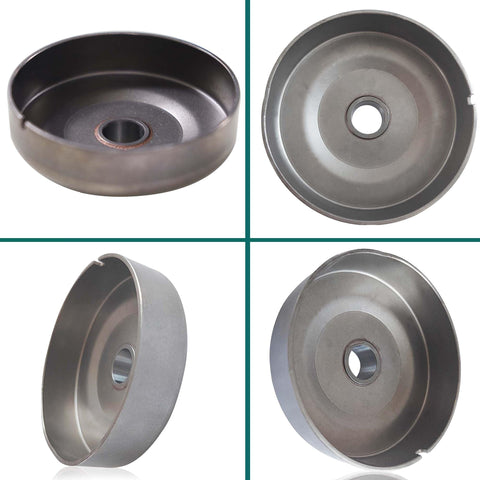 Four views of 325 Pitch 7 Tooth Sprocket Clutch Drum Assembly With Needle Bearing Washer E Clip And Worm Gear Kit, circular metal components.