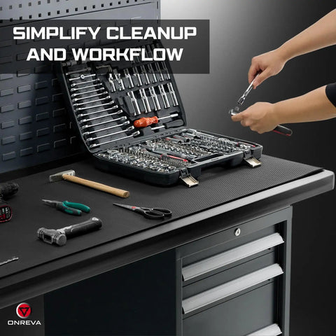 Heavy Duty Workbench Mat 60 By 24 Inches 5mm Thick EVA Rubber Surface Protector for garage table with tools displayed
