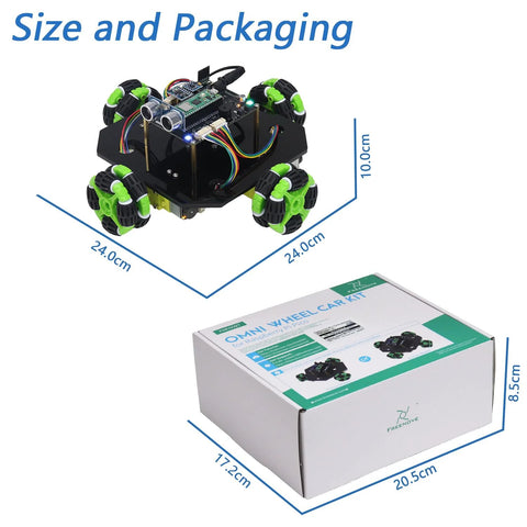 Front view of Freenove Omni Wheel Car Kit for Raspberry Pi Pico W on black chassis with green omni wheels