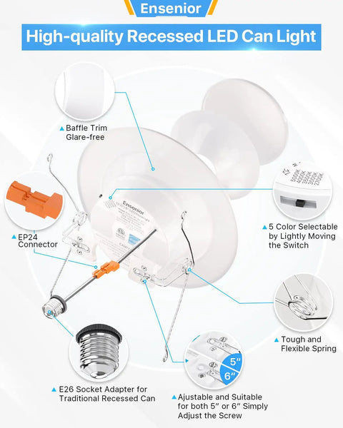 Features of 12 Pack 5 To 6 Inch LED Can Lights Retrofit Recessed Downlight Kit, illustration with components and labels