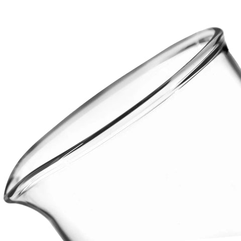 Close-up of borosilicate 3.3 glass spout from Two Pack Griffin Beaker Shot Glasses, 3.3oz Capacity, Double Shot Laboratory Style Drinkware