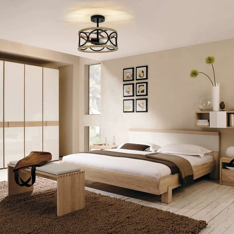 Bedroom with 2 Light Farmhouse Semi Flush Mount Ceiling Light Fixture With Open Drum Frame In Rustic Brown Finish 12.8 Inch Dimmable Vintage