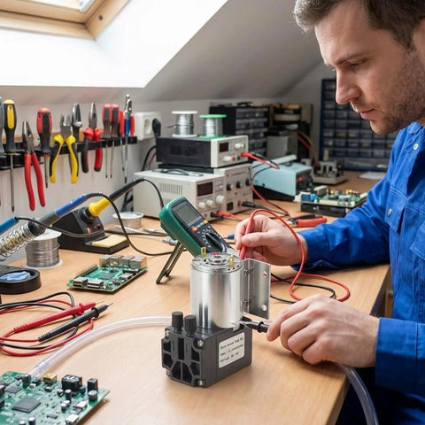 12V DC Mini Vacuum Pump Featuring Dead Quiet Diaphragm Design in a workspace with tools and electronics being tested.
