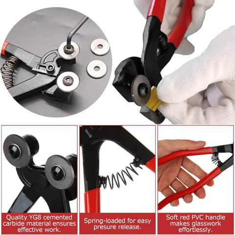 Must Have Complete Glass Cutting Tool Set Kit With 8 Inch Tile Nippers feature quality YG8 carbide wheels, spring-loaded for easy use.