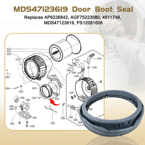 Diagram showing Heavy Duty Front Load Washer Door Gasket Seal Grey Replacement For Compatible Front-Load Washers Replaces AP6236842
