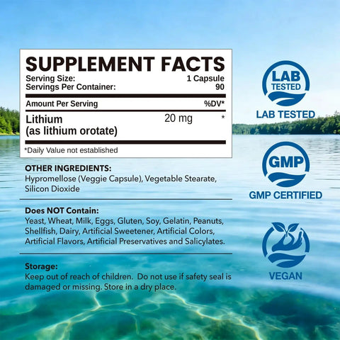 Label details of Lithium Orotate 20 Mg Supplement For Brain Health And Nerve Support Every Day Boost Low Dose Bioavailable Trace Mineral For Healthy Aging Vegan Non GMO Gluten Free 90 Count