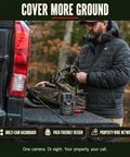 Cellular Trail Camera Bundle With Tree Mount Offering 36Mp Photos And 720P Video With A Hella Fast Trigger Speed Plus 80 Foot Night Vision For Serious Hunters Demanding Kickass App Controlled Game Viewing On LTE And Verizon Networks, placed on truck bed with user adjusting gear.