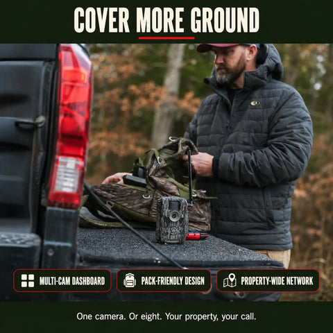 Cellular Trail Camera Bundle With Tree Mount Offering 36Mp Photos And 720P Video With A Hella Fast Trigger Speed Plus 80 Foot Night Vision For Serious Hunters Demanding Kickass App Controlled Game Viewing On LTE And Verizon Networks, placed on truck bed with user adjusting gear.
