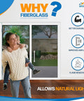 Woman with child in front of Durable Fiberglass Magnetic Screen Door For 72x80 French Doors, visible outdoors and product features