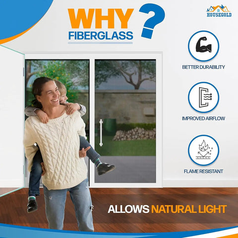 Woman with child in front of Durable Fiberglass Magnetic Screen Door For 72x80 French Doors, visible outdoors and product features