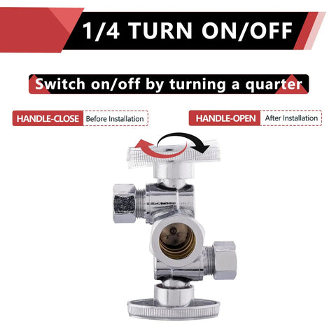 Pack Of 5 1/4 Turn Dual Compression Angle Stop Valves With Two Shutoff Handles, 1/2 In Nom Inlet (5/8 In OD) To 3/8 In Outlet, Chrome Plated Lead Free Brass, NSF 61 Certified For Cold Or Hot Water Built To Last with handle in open position.