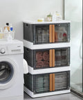 No Sweat Organizing With These Heavy Duty Plastic Storage Boxes With Lids, Built Tough 19 Gallon Collapsible Folding Bins For Closets And Garages Stackable Home Organization Crates 3 Pack in laundry room.