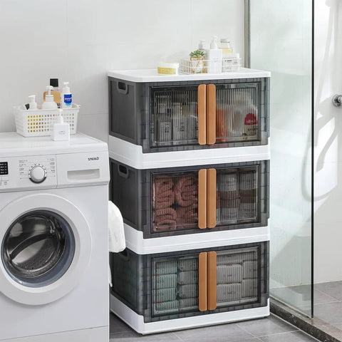 No Sweat Organizing With These Heavy Duty Plastic Storage Boxes With Lids, Built Tough 19 Gallon Collapsible Folding Bins For Closets And Garages Stackable Home Organization Crates 3 Pack in laundry room.