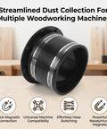 Upgrade Your Woodshop With This Snazzy 4 Inch Magnetic Dust Collection Connector showing a black hose adapter with silver bands.
