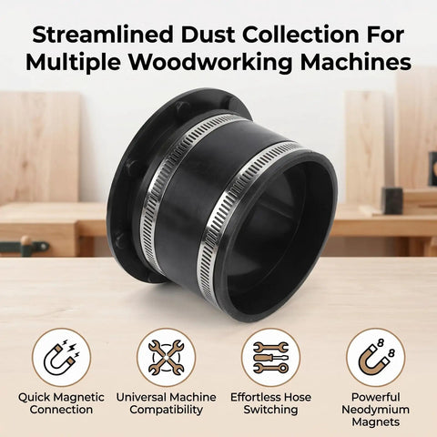 Upgrade Your Woodshop With This Snazzy 4 Inch Magnetic Dust Collection Connector showing a black hose adapter with silver bands.