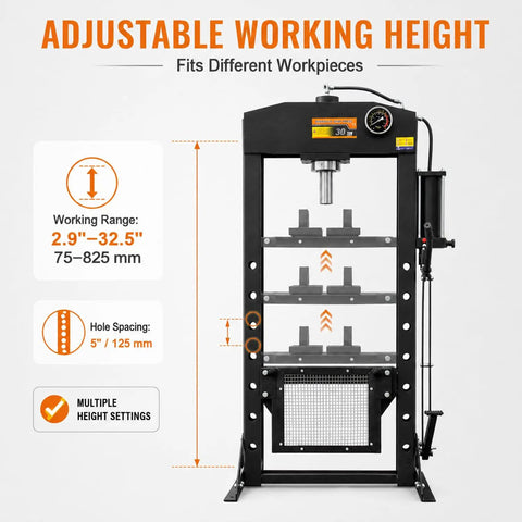 Heavy Duty Air Hydraulic Shop Press With Foot Pedal Totally Badass Rig, adjustable height from 2.9 to 32.5 inches.