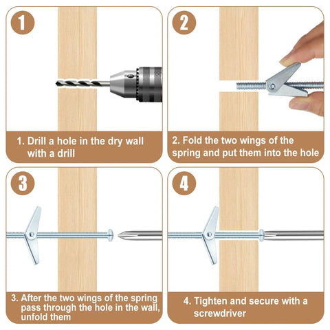 Installation steps for 100 Pack Quarter Inch By Four Inch Toggle Bolts With Butterfly Nuts For Drywall Heavy Duty Wall Anchors