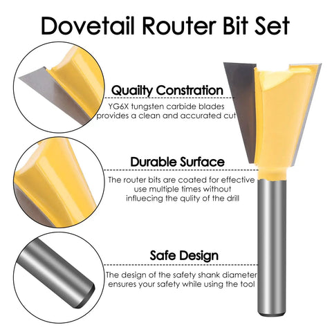Close-up of a dovetail router bit highlighting quality construction and design for the Six Size Dovetail Router Bit Set With 1/4 Inch Shank For Boxes Drawers And Chests Includes 1/4 3/8 1/2 5/8 3/4 And 7/8 Inch Cutting Diameters Built Tough C3 Carbide Bits Heat Treated For Maximum Woodworking Longevity.