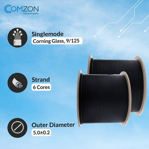 Heavy Duty 6 Strand Singlemode OS2 Fiber Optic Cable Spool 1000 Feet Indoor Outdoor Drop Wire shown with Corning glass strands.