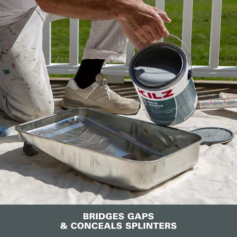 Person pouring Over Armor Solid Color Exterior Resurfacer Textured Coating In Slate Gray 1 Gallon With New Tintable Option into tray
