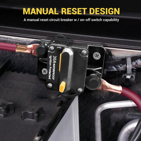 Rock Solid 30 Amp Circuit Breaker Fuse Inline Holder With No Sweat Manual Reset Push Button and Kill Switch Function, installed