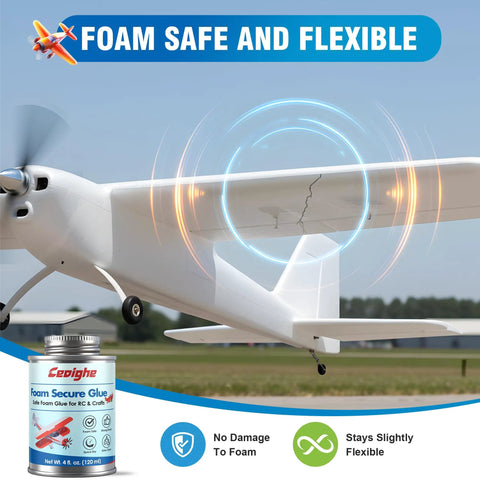 Foam RC Plane Repair Kit With 4 Oz Foam Glue And Hinge Tape Roll Pro Grade Brush Cap Applicator next to RC plane diagram.