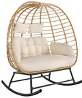 Double Wicker Egg Chair Rocker For Indoor Or Outdoor Patio Cozy Two Person Lounge Chair With Thick Cushions 680 Lbs Capacity Hand Woven PE Rattan Beige