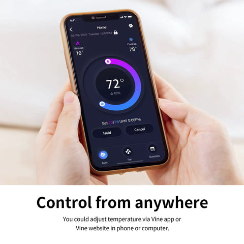 Person using phone app to control Smart WiFi Thermostat With 7 Day 8 Period Programmable Schedule, Remote From Your Phone Or Laptop