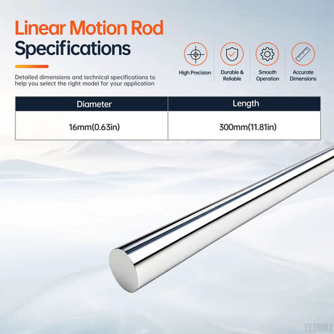 Two Piece 16mm X 300mm Linear Motion Rods For Smooth Shaft Guide Rail Systems With Precision Ground Finish And Reliable Linear Movement For Tough Jobs specifications showing diameter and length.