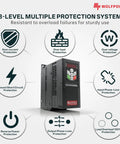 VFD Variable Frequency Drive 220V For Single Phase Or Three Phase Input With 8-level protection system, shown with icons