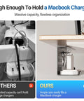 Comparison of two under desk setups showcasing a 2 Pack Under Desk Cable Management Tray Black Large 16x5x6 Inch Alloy Steel Cord Hider Organizer For Office And Home Tape Or Screw Mount Keeps Cables In Check For MacBook Chargers And Bulky Adapters holding a MacBook charger.