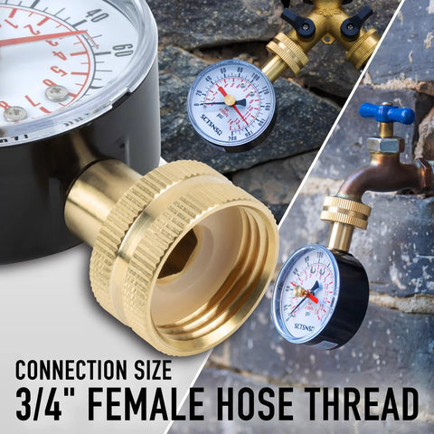 Front view pressure test gauge with 2.5-inch dial, red max pointer, 3/4-inch hose thread, brass fitting, black case