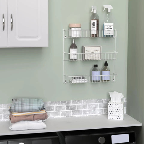 Top Notch 3 Tier Wall Mounted Spice Rack Set Of 2 For Pantry Organization, No Sweat Multipurpose Shelf To Keep Your Laundry Room Tidy, Quick Install White Finish 20 By 19 Inches Width