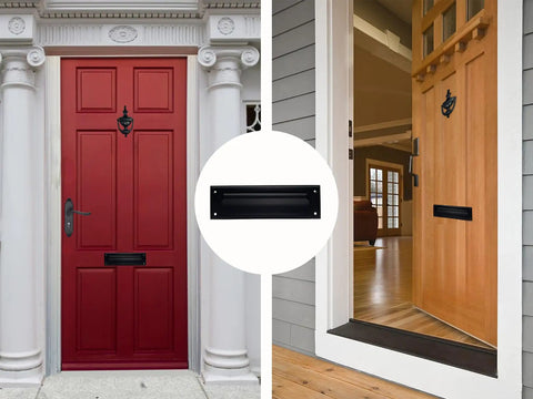 Solid Brass Mail Slot With Solid Brass Interior Frame, Matte Black Finish, Eight And Seven Eighths By Two And Seven Eighths Inches, 1 Pack, Made In Taiwan, Durable Build, Easy Install, Fits Most Front Doors, AntiCorrosion Design, Modern Look installed on red and wooden doors