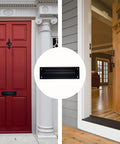 Solid Brass Mail Slot With Interior Back Plate In Matte Black Built Tough With Heavy Gauge Wrought Brass Spring Tension Design Keeps Flag Closed Overall 10 By 3 Inches Indoor Or Outdoor Ready Includes Mounting Screws 1 Pack Made In Taiwan on red and wood doors side by side
