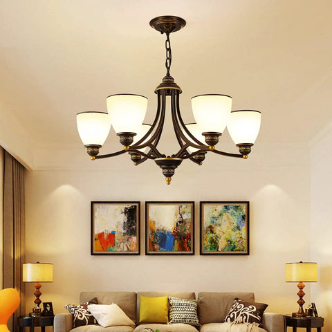 Dope Farmhouse Dining Room Chandelier With Six Frosted Glass Shades Black Metal Pendant Light Fixture