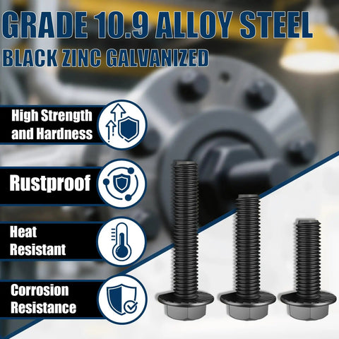 Must Have 400 Piece Metric Flange Bolt Kit With Nuts And Washers 10.9 Grade Black Zinc Bolts M6x1.0 M8x1.25 M10x1.5 From 12mm To 45mm For Automotive
