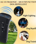 Ultrasonic Bark Deterrent For Dogs And Puppies 3 In 1 Training Tool with LED light and flashlight displayed with usage scenarios