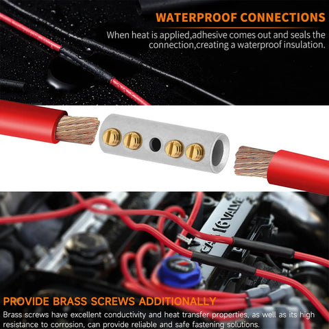 Top Shelf 12 To 10 Awg Screw Style Wire Butt Connectors And Mechanical Splice Kit showing waterproof connection and brass screws.