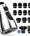 Pull Down Kitchen Sprayer Head With Three Function Modes And Twelve Adapters For Universal Faucet Fit Chrome Finish