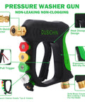 Car Wash Foam Cannon For Pressure Washer With Quarter Inch Quick Connect Dual Connector Shift Valve Built In Design Includes Five Nozzle Tips Works Up To 3000 PSI And 7 GPM Ideal For Deep Clean, showing pressure washer gun with nozzle tips and quick connect features.