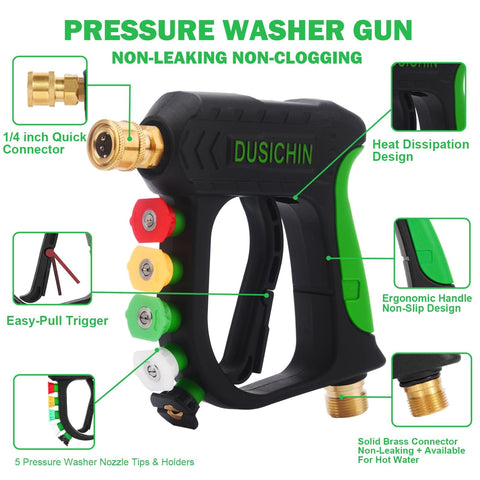 Car Wash Foam Cannon For Pressure Washer With Quarter Inch Quick Connect Dual Connector Shift Valve Built In Design Includes Five Nozzle Tips Works Up To 3000 PSI And 7 GPM Ideal For Deep Clean, showing pressure washer gun with nozzle tips and quick connect features.