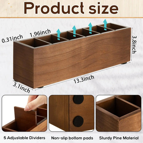 Wooden Desk Organizer With Six Compartments In Walnut Finish showing dimensions and features like adjustable dividers.