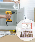 High Performance Threaded Screw Inserts For Wood Featuring Quick Hex Socket Connectors Dead Nuts Secure Furniture Hardware No Stress Diy Build Supplies in use with a drill.