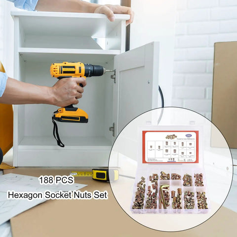 High Performance Threaded Screw Inserts For Wood Featuring Quick Hex Socket Connectors Dead Nuts Secure Furniture Hardware No Stress Diy Build Supplies in use with a drill.